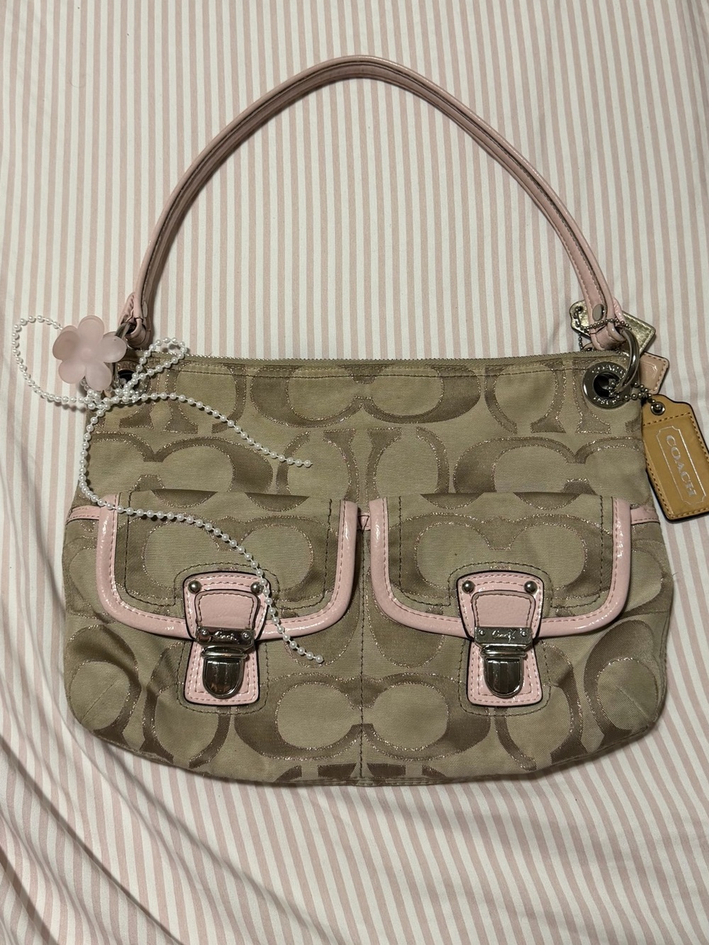 Coach Signature Canvas Shoulder Bag with Pink Trim